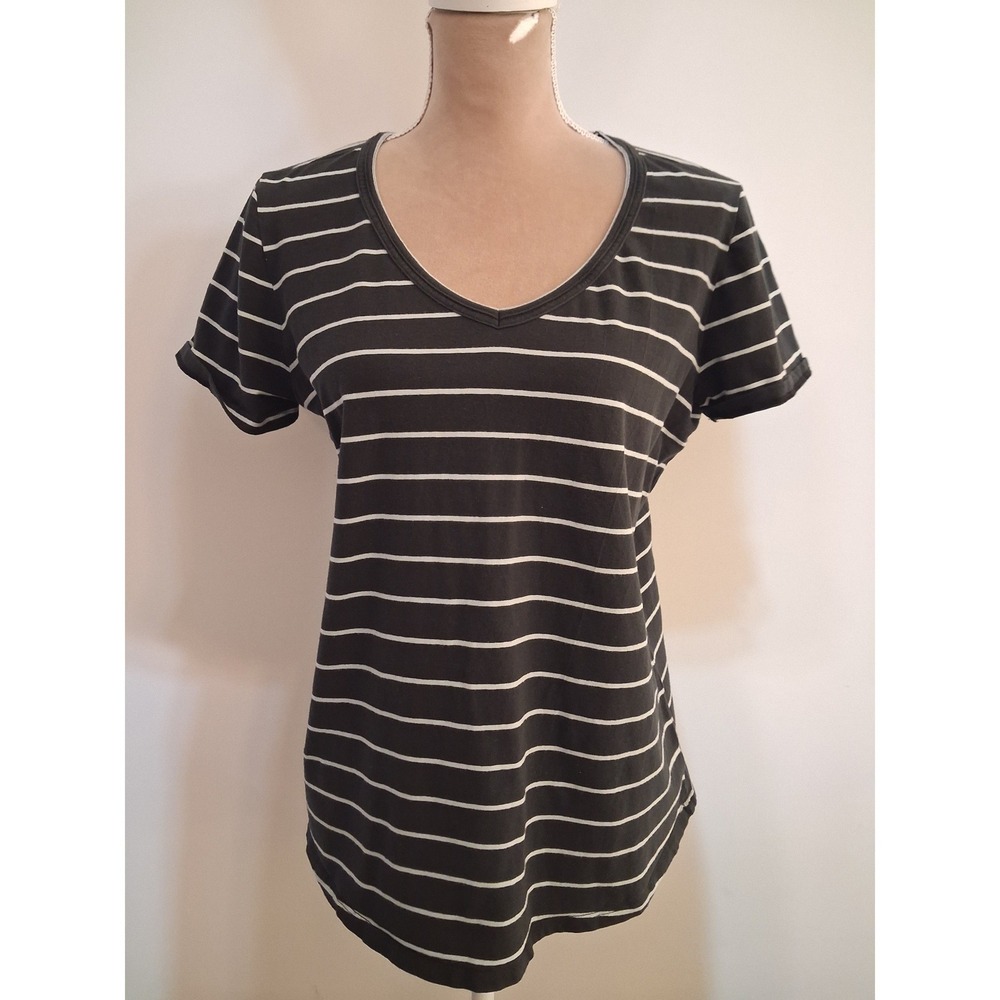 Aventura Womens Organic Cotton V-Neck Striped Short Sleeve Tee Black White Large